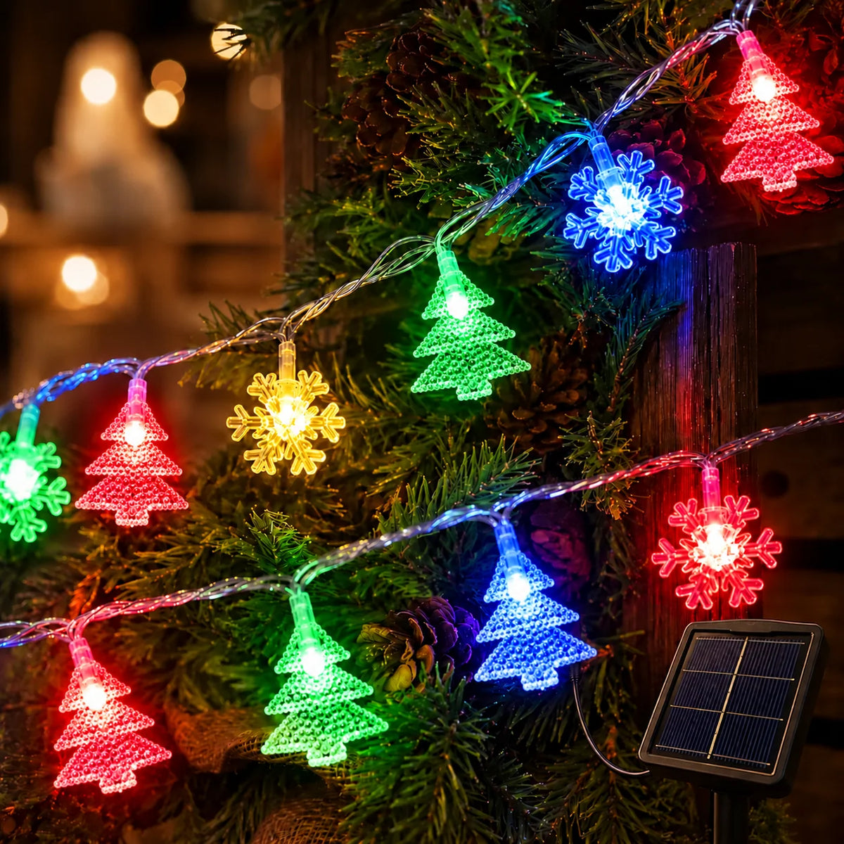 Serie de luces LED 5 m, 20 LED, árbol de Navidad + copo de nieve