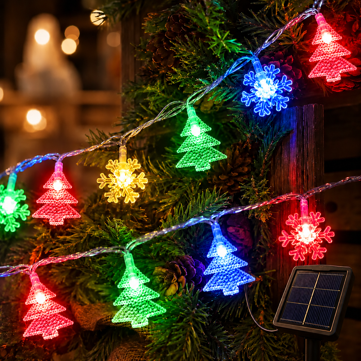 Serie de luces LED 5 m, 20 LED, árbol de Navidad + copo de nieve colores