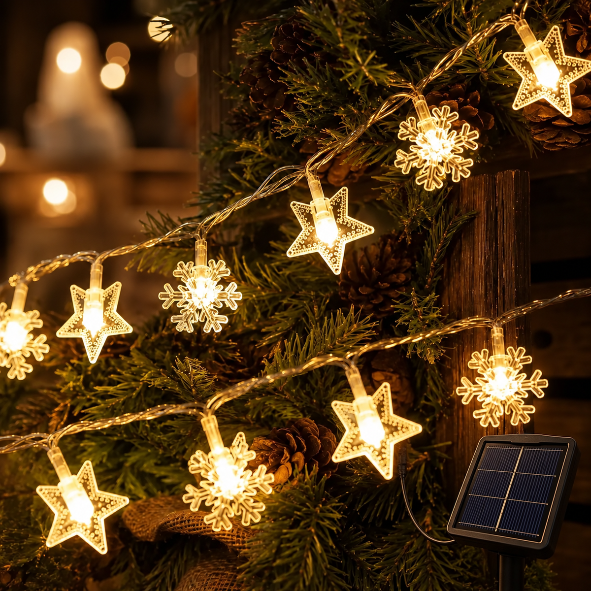 Serie de luces LED 5 m, 20 LED, copo de nieve + estrella amarillo